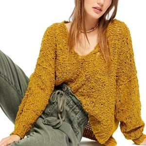 Free People Mustard Yellow Chunky V-Neck Sweater